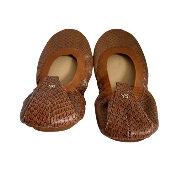 Yosi Samra Ballet Flats Tan Leather Snakeskin Print Women's Size 7 Foldable - Picture 2 of 7
